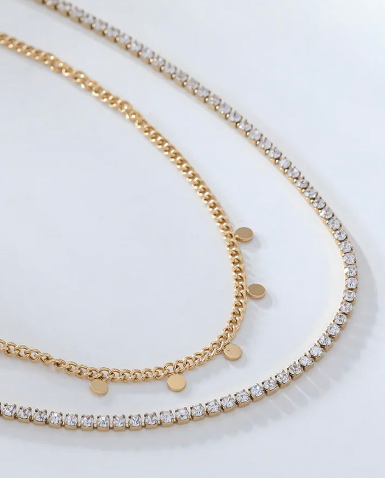 Collier double chaîne avec strass et chaîne de pampilles rondes