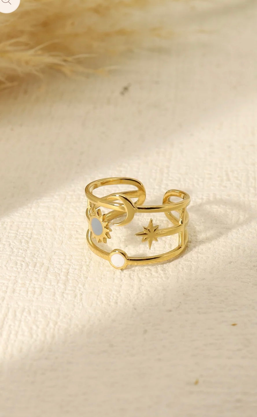 Bague triple ligne lune étoile soleil nacré