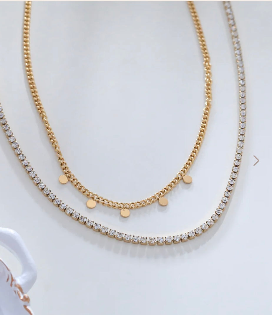 Collier double chaîne avec strass et chaîne de pampilles rondes