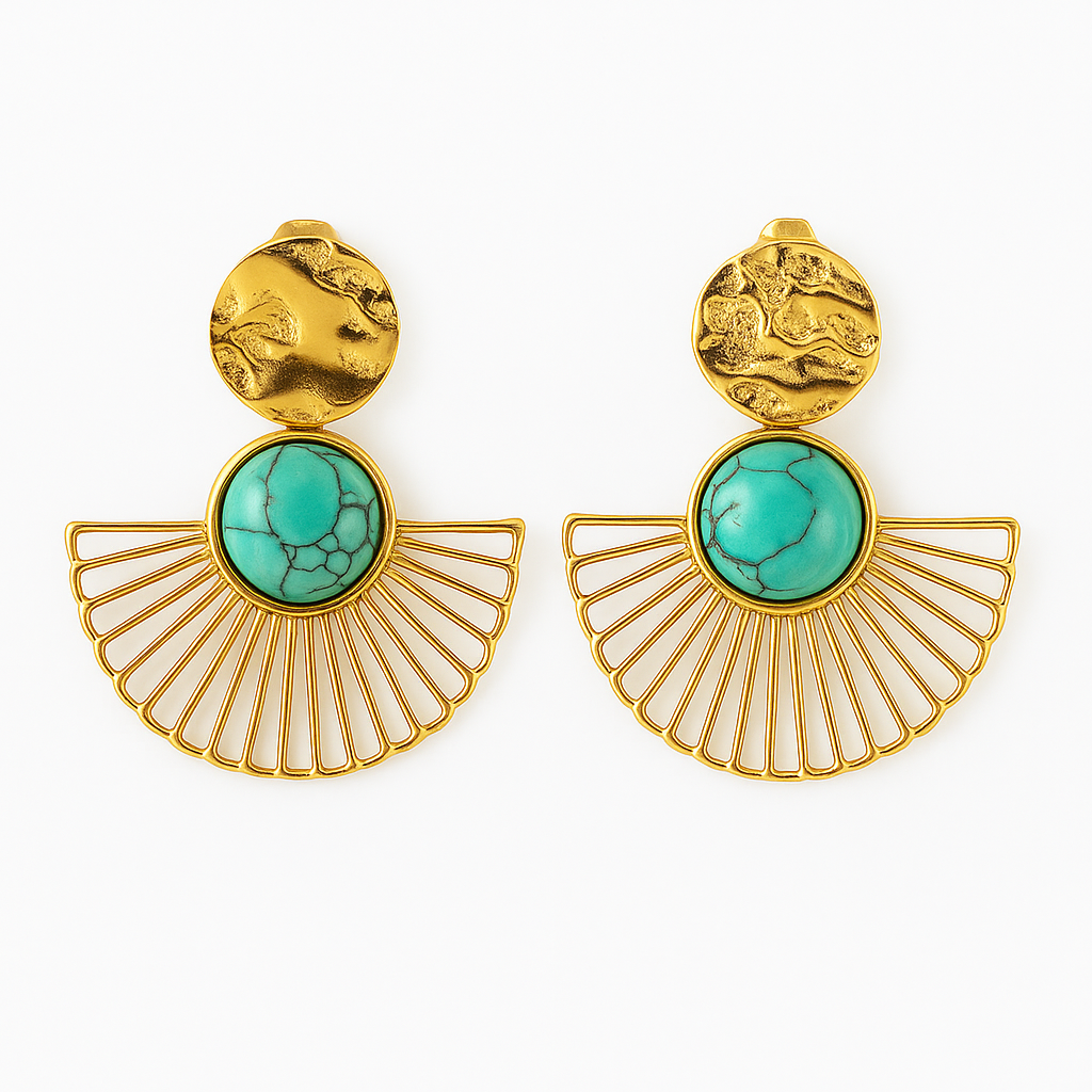 Boucles d’oreilles dorées pendantes éventail pierre turquoise